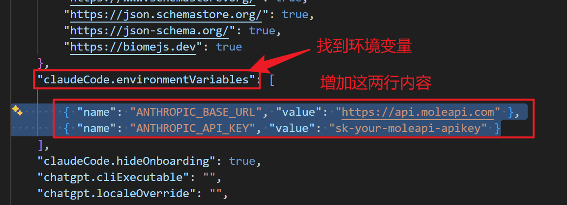 Claude Code 设置中的 Environment Variables 区域及「在 settings.json 中编辑」入口
